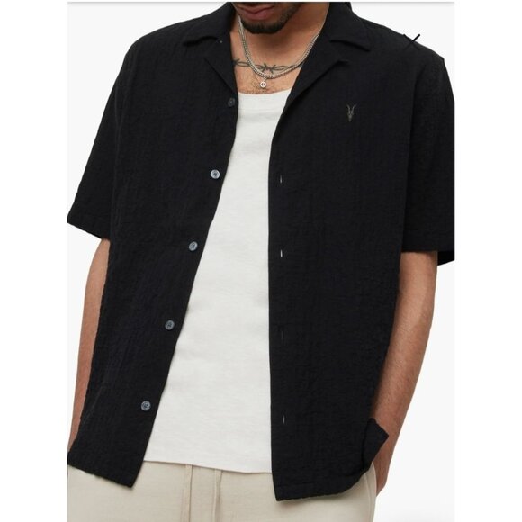 Allsaints Mens Black Mattole Ramskull Camp Shirt XL Relaxed Fit Short Sleeve - Picture 1 of 12